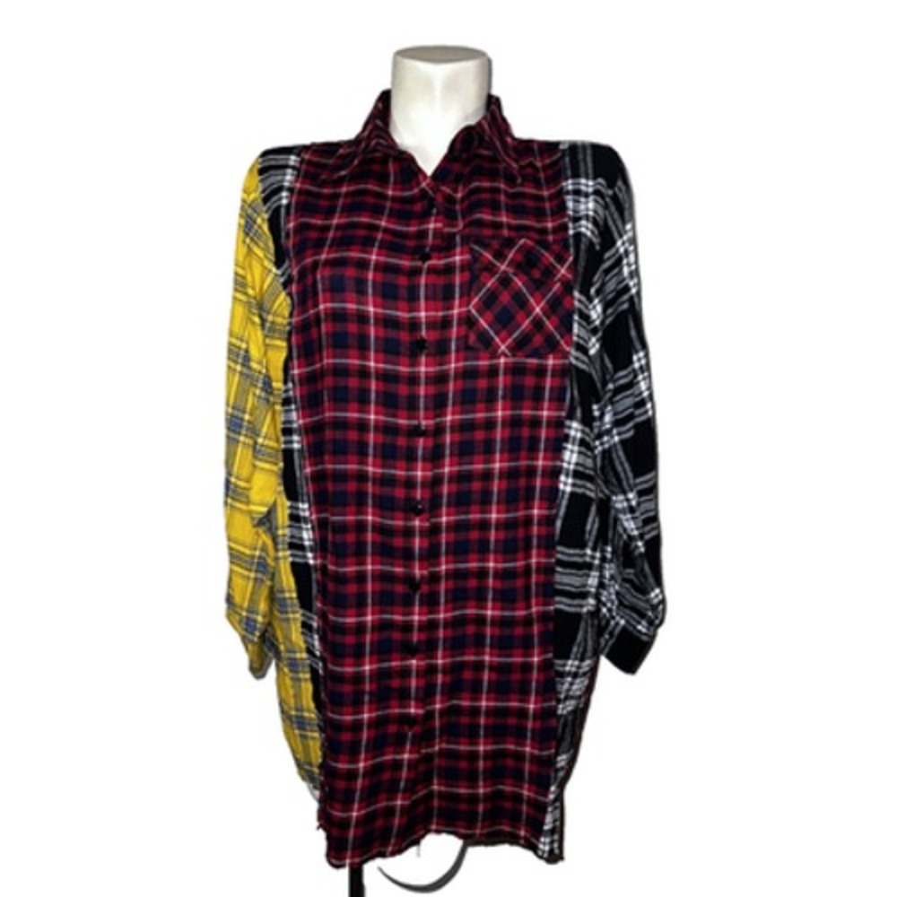 Thread Story Womens Patchwork Plaid Flannel Shirt Paris 89 Graphic Red Yellow L